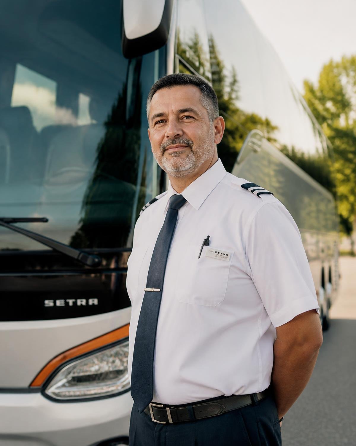 KSB Travels driver standing beside a coach